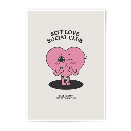 Self Love Social Club Photographic Print, Pink Heart Art, Positive Affirmation Print, Cute Cartoon Print, Motivational Wall Art - Tawshia