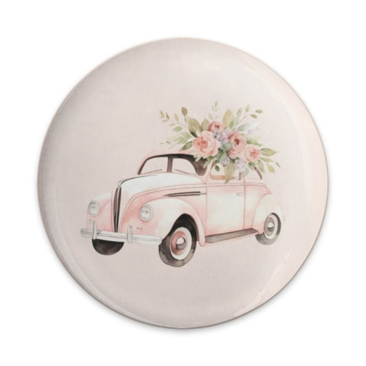 Pink Car Pinback Button, Floral Car Art Button, Vintage Car Button, Flower Car Button, Gift Idea Button - Tawshia
