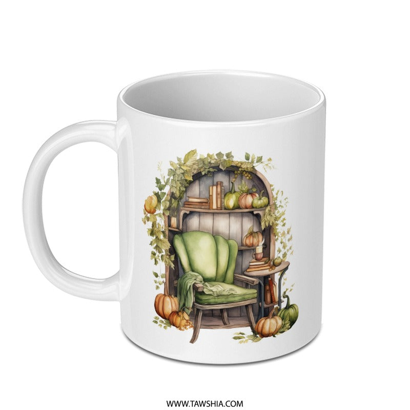 Autumn Cozy Chair Mug, Fall Decor Mug, Pumpkin Decor Mug, Cozy Fall Mug, Book Lover Mug, Home Decor Mug, Reading Nook Mug, Gift Mug - Tawshia