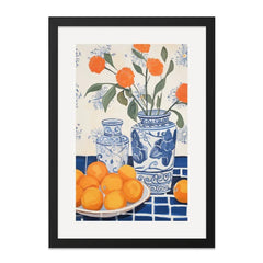 Orange Flower Vase Wall Art, Fruit Still Life Print, Blue and White Pottery Decor, Kitchen Wall Decor, Vibrant Home Decor - Tawshia