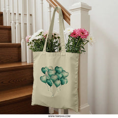 Heart Balloons Tote Bag, Watercolor Balloons Tote, Cute Everyday Tote, Heart Gift, Love Tote, Green Balloons, Gift For Her, Birthday Gift - Tawshia