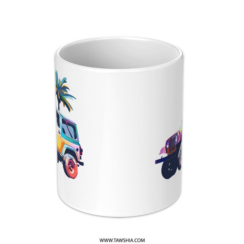 Colorful Jeep Mug, Tropical Palm Tree, Pop Art Style, Unique Gift, Car Lover Mug, Beach Vibes, Coffee Mug, Tea Cup, Novelty Mug, Gift Idea - Tawshia