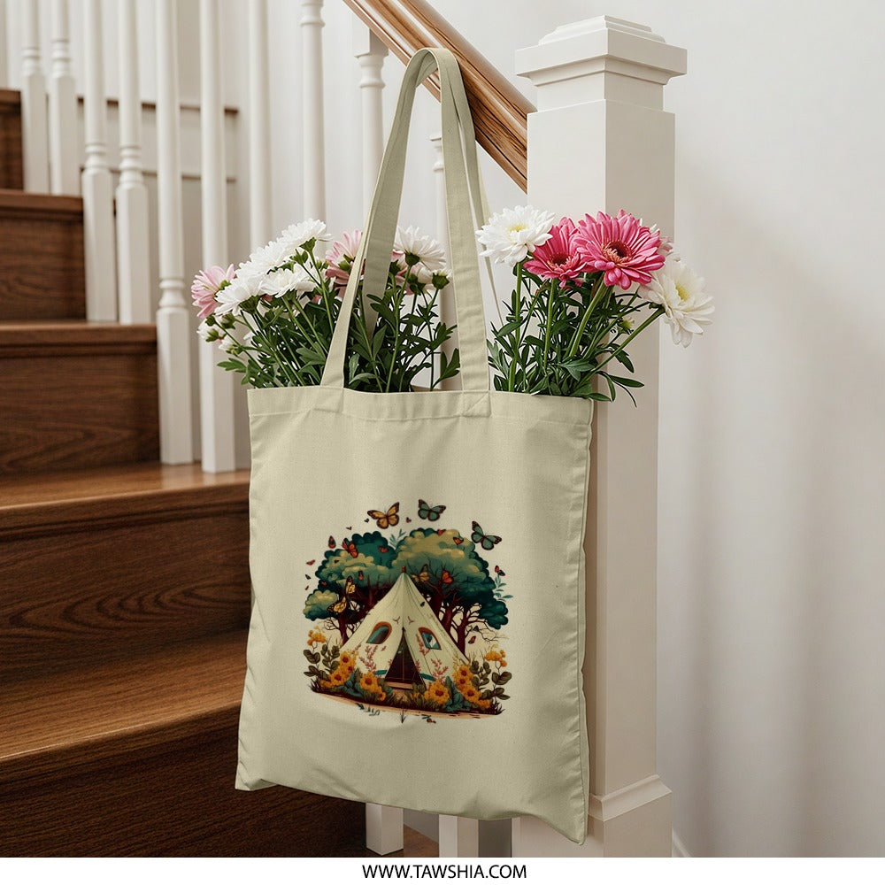 Camping Tote Bag, Butterfly Tote Bag, Outdoors Tote Bag, Boho Tote Bag, Floral Print Tote, Nature Lover Gift, Stylish Tote Bag, Travel Bag - Tawshia
