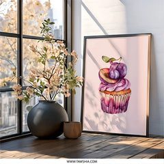 Plum Cupcake Wall Art, Watercolor Cupcake Print, Fruit Cupcake Decor, Kitchen Art, Dessert Wall Art, Whimsical Food Art - Tawshia