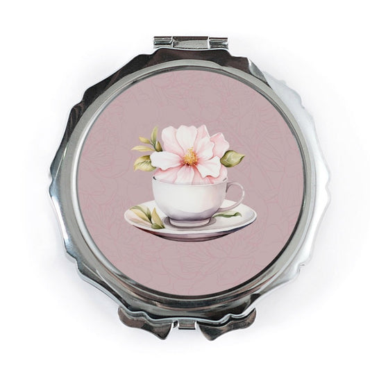 Floral Tea Cup Pocket Mirror, Watercolor Flower Compact Mirror, Elegant Accessory, Gift for Her, Cosmetic Mirror, Stylish Portable Mirror - Tawshia