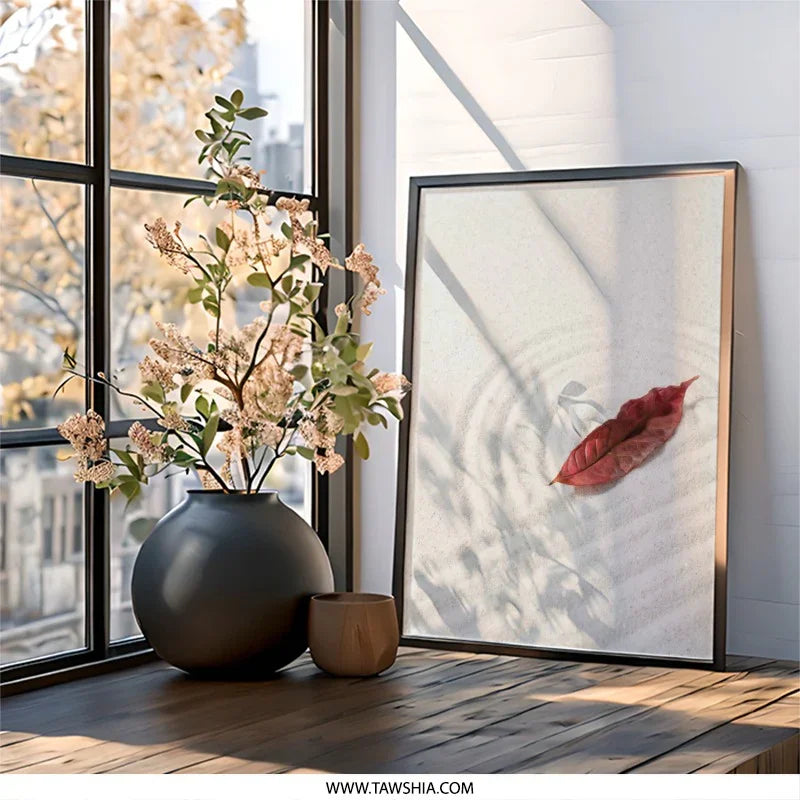 Zen Garden Wall Art, Red Leaf on Sand, Minimalist Decor, Calming Artwork, Relaxing Print, Home Office Art, Peaceful Wall Decor - Tawshia