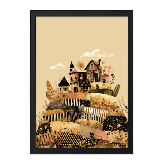 Whimsical Village Framed Wall Art, Colorful Houses Print, Storybook Illustration, Beige Decor, Unique Home Decor, Childrens Room Art - Tawshia