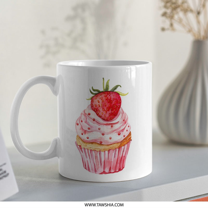Strawberry Cupcake Mug, Watercolor Art Mug, Dessert Lover Gift, Foodie Mug, Cute Cupcake Mug, Cupcake Illustration Mug, Coffee Mug - Tawshia