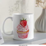 Strawberry Cupcake Mug, Watercolor Art Mug, Dessert Lover Gift, Foodie Mug, Cute Cupcake Mug, Cupcake Illustration Mug, Coffee Mug - Tawshia