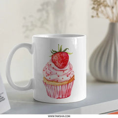 Strawberry Cupcake Mug, Watercolor Art Mug, Dessert Lover Gift, Foodie Mug, Cute Cupcake Mug, Cupcake Illustration Mug, Coffee Mug - Tawshia