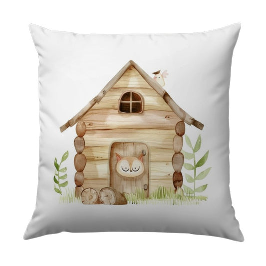 Log Cabin Pillow, Forest Animal Pillow, Woodland Cottage Pillow, Cute Fox in Door Pillow, Storybook Pillow, Kid's Room Decor, Nursery Decor - Tawshia