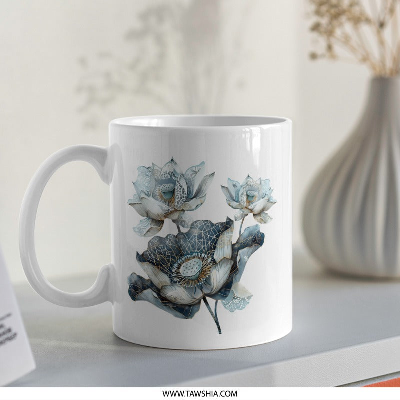 Lotus Flower Mug, Floral Mug, Botanical Mug, Elegant Mug, Gift for Her, Nature Inspired Mug, Flower Lover Gift, Coffee Mug, Tea Mug - Tawshia