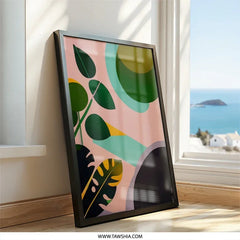 Abstract Leaf Wall Art, Modern Botanical Print, Geometric Shapes Decor, Contemporary Art, Tropical Leaves Artwork, Trendy Home Decor - Tawshia