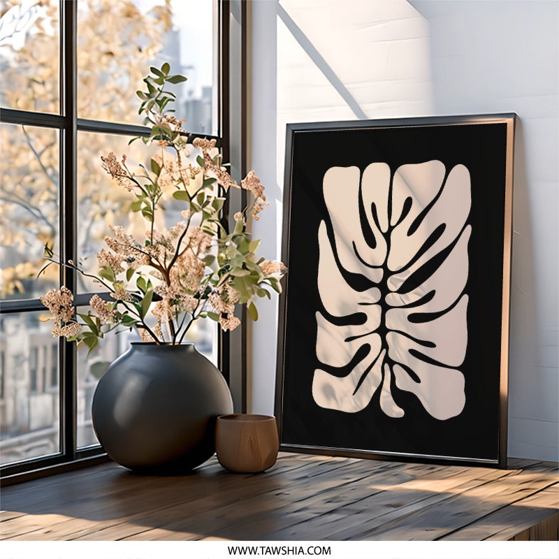 Monstera Wall Art, Abstract Plant Print, Minimalist Home Decor, Modern Art Print, Botanical Wall Decor, Beige and Black Artwork - Tawshia