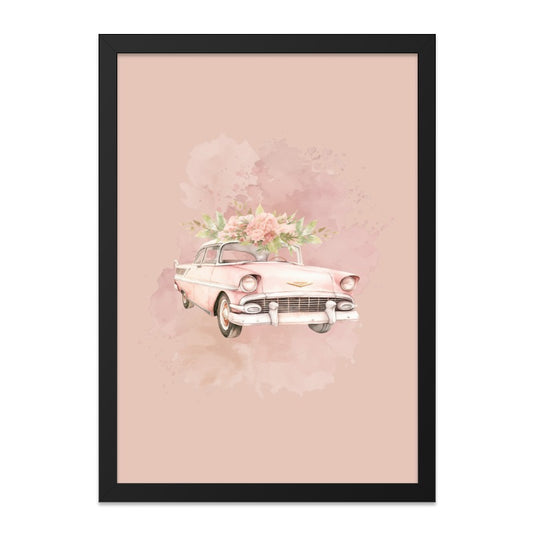 Vintage Car Wall Art, Watercolor Pink Bel Air Print, Floral Car Poster, Classic Car Art, Girl Room Decor, Automotive Gift - Tawshia