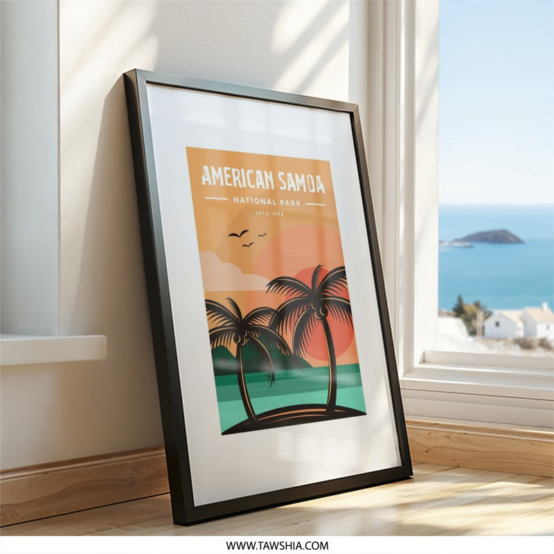 American Samoa Wall Art, National Park Print, Tropical Island Decor, Sunset Palm Trees, Travel Poster, Vacation Souvenir - Tawshia