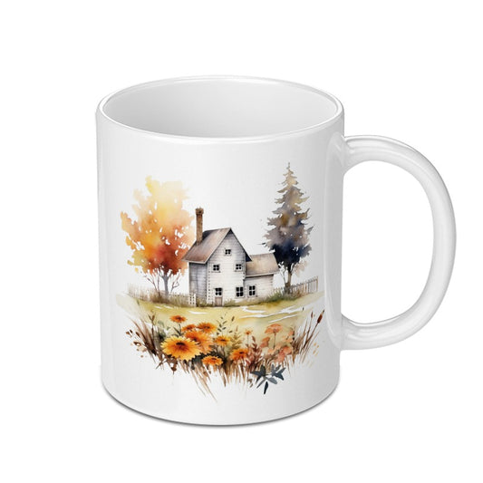 Watercolor Farmhouse Mug, Autumn Scene Coffee Mug, Country Cottage Cup, Rustic Fall Decor, Nature Lover Gift, Cozy Home Mug, Farmhouse Gift - Tawshia