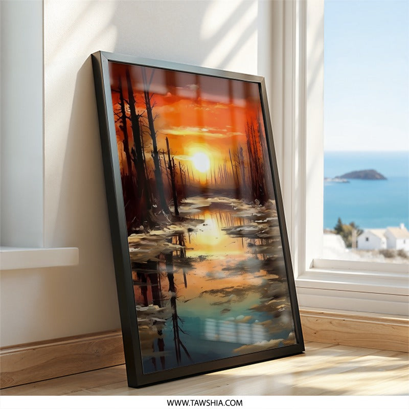 Sunset Reflection Wall Art, Landscape Painting Print, Dramatic Sky Artwork, Forest Scene Decor, Nature Inspired Wall Decor - Tawshia