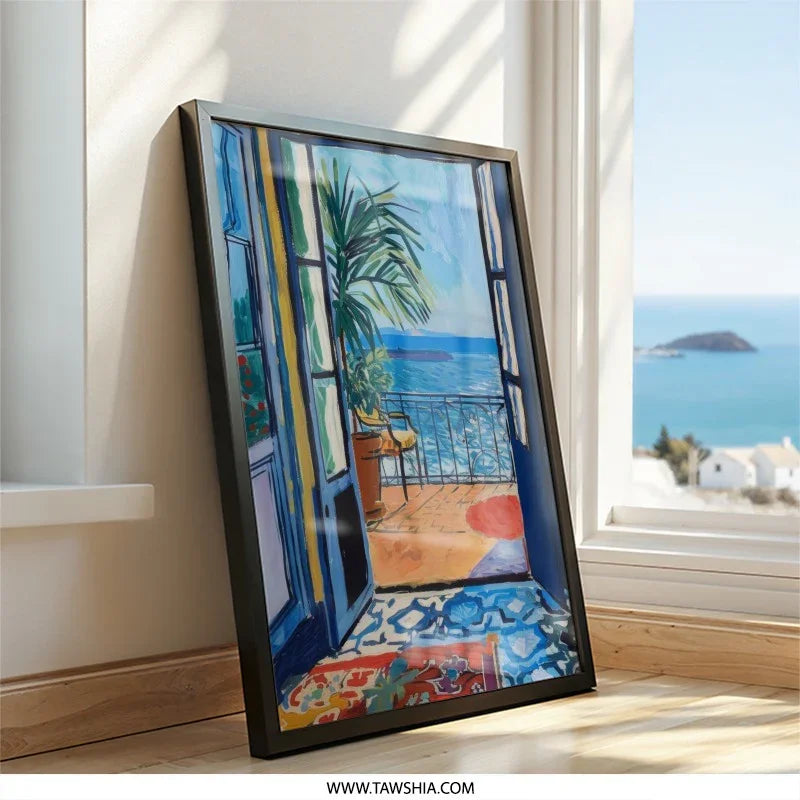 Seaside View Wall Art, Balcony Print, Coastal Painting, Ocean View Print, Mediterranean Art, Colorful Impressionist Painting, Wall Decor - Tawshia
