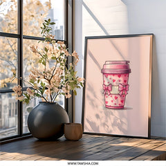 Pink Coffee Cup Framed Wall Art, Hearts and Bows Decor, Coffee Lover Gift, Cute Kitchen Art, Pink Wall Art, Beverage Illustration - Tawshia