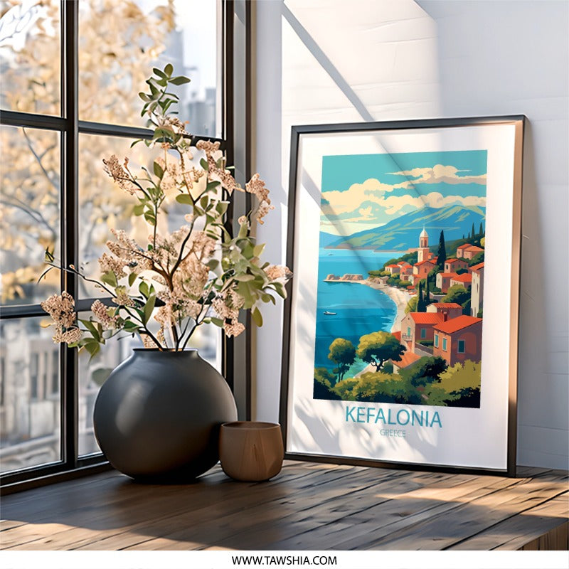 Kefalonia Greece Wall Art, Island Village Print, Coastal Scenery Painting, Travel Poster, Greek Artwork, Europe Home Decor - Tawshia