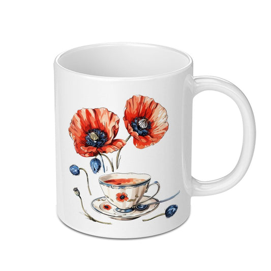 Poppy Tea Cup Mug, Floral Mug, Cottagecore Mug, Watercolor Mug, Tea Lover Gift, Flower Mug, Gift for Her, Unique Mug, Botanical Mug - Tawshia