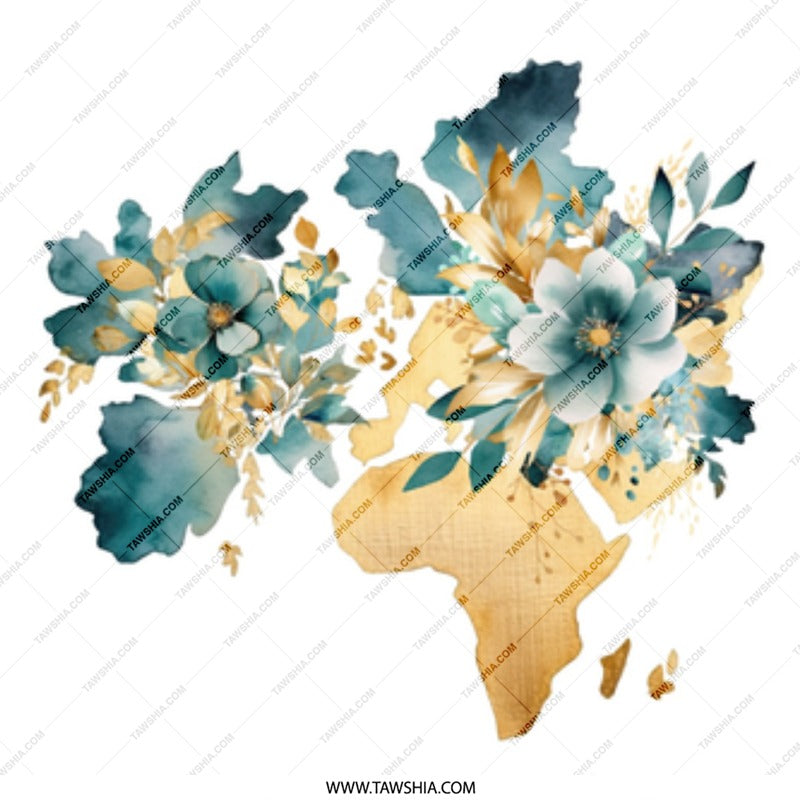 Floral World Map Mug, Teal and Gold Coffee Mug, Travel Lover Gift, Globe Trotting Mug, Watercolor Flower Mug, Artistic Mug Gift - Tawshia