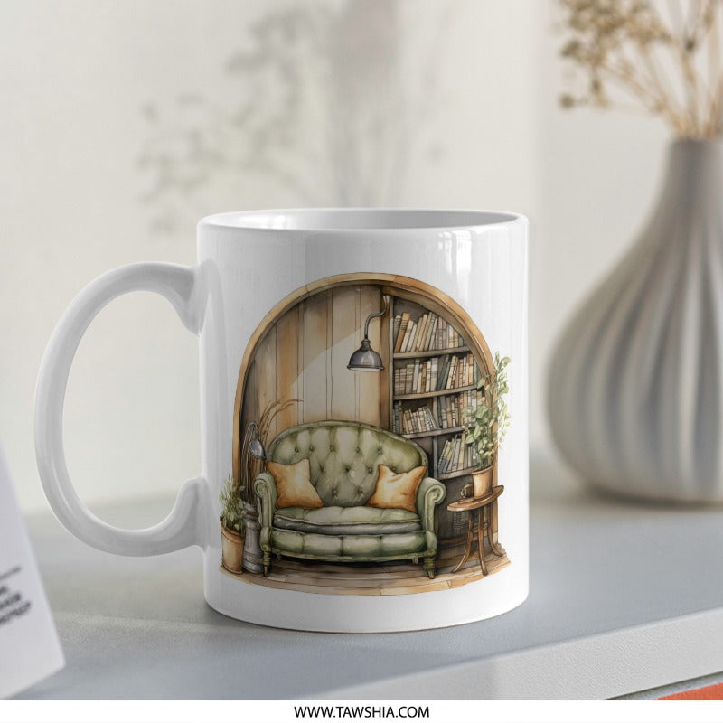 Cozy Home Mug, Bookshelf Mug, Interior Decor Mug, Book Lover Gift, Warm Mug, Aesthetic Coffee Mug, Home Office Mug, Relaxing Mug - Tawshia