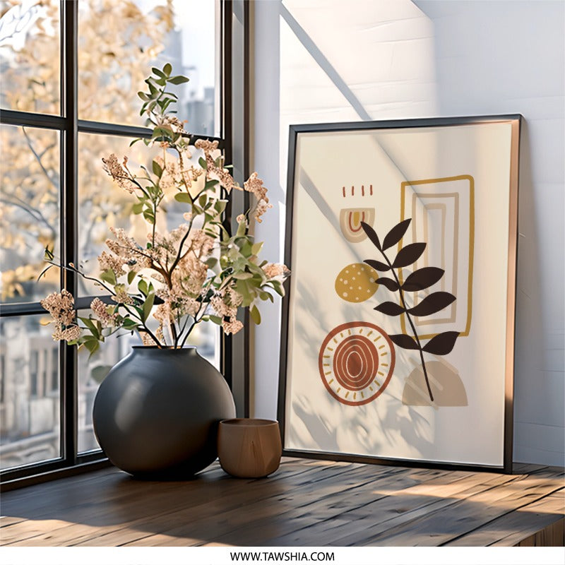 Abstract Botanical Wall Art, Boho Modern Art Print, Minimalist Geometric Art, Neutral Tone Art, Living Room Decor, Framed Art Print - Tawshia