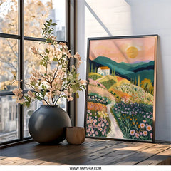 Tuscan Landscape Wall Art, Italy Painting Print, Farmhouse Decor, Countryside Scenery Art, Sunny Home Wall Decor, Floral Field Wall Decor - Tawshia