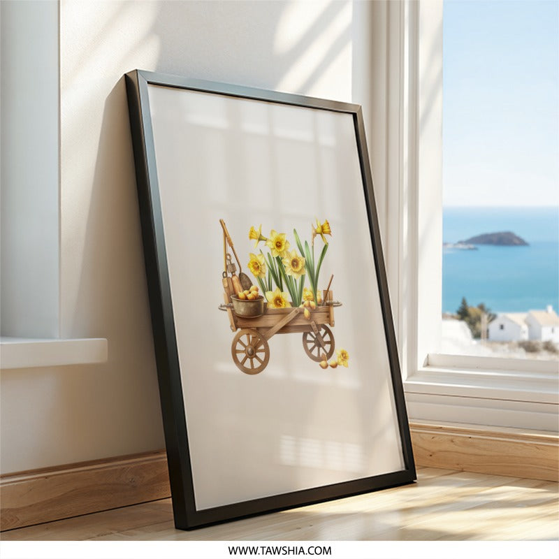 Daffodil Wall Art, Flower Cart Print, Spring Decor, Garden Tools, Botanical Illustration, Rustic Wall Decor, Floral Art, Gift for Gardener - Tawshia