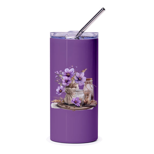 Purple Floral Tumbler, Bohemian Style, Rustic Flower Design, Gift for Her, Coffee Lover, Travel Mug, Aesthetic Drinkware, Unique Cup - Tawshia