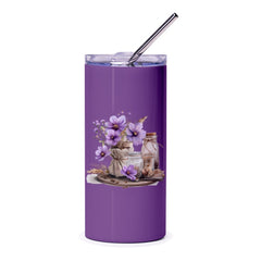 Purple Floral Tumbler, Bohemian Style, Rustic Flower Design, Gift for Her, Coffee Lover, Travel Mug, Aesthetic Drinkware, Unique Cup - Tawshia