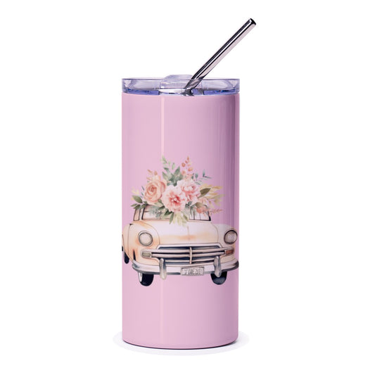 Floral Car Tumbler, Vintage Car Tumbler, Car with Flowers, Trendy Tumbler, Cute Car Design, Pastel Pink Tumbler, Gift for Her - Tawshia