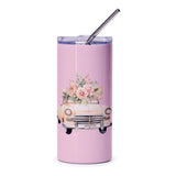 Floral Car Tumbler, Vintage Car Tumbler, Car with Flowers, Trendy Tumbler, Cute Car Design, Pastel Pink Tumbler, Gift for Her - Tawshia