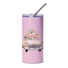Floral Car Tumbler, Vintage Car Tumbler, Car with Flowers, Trendy Tumbler, Cute Car Design, Pastel Pink Tumbler, Gift for Her - Tawshia