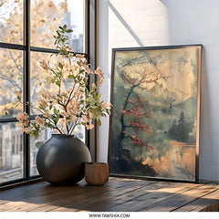 Japanese Cherry Blossom Wall Art, Mountain Lake Scene Print, Tranquil Landscape Painting, Serene Wall Decor, Nature Inspired Artwork - Tawshia