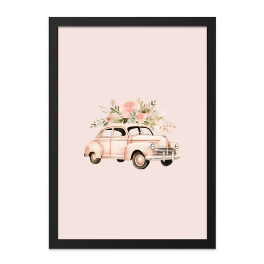 Vintage Car Wall Art, Floral Car Print, Pink Car Poster, Classic Car Decor, Retro Vehicle Art, Watercolor Illustration - Tawshia