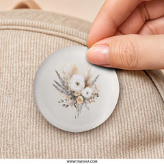 Floral Bouquet Pinback Button, Bohemian Feathers Button, Elegant Flower Badge, Boho Chic Gift, Rustic Wedding Favors, Cute Aesthetic Pin - Tawshia