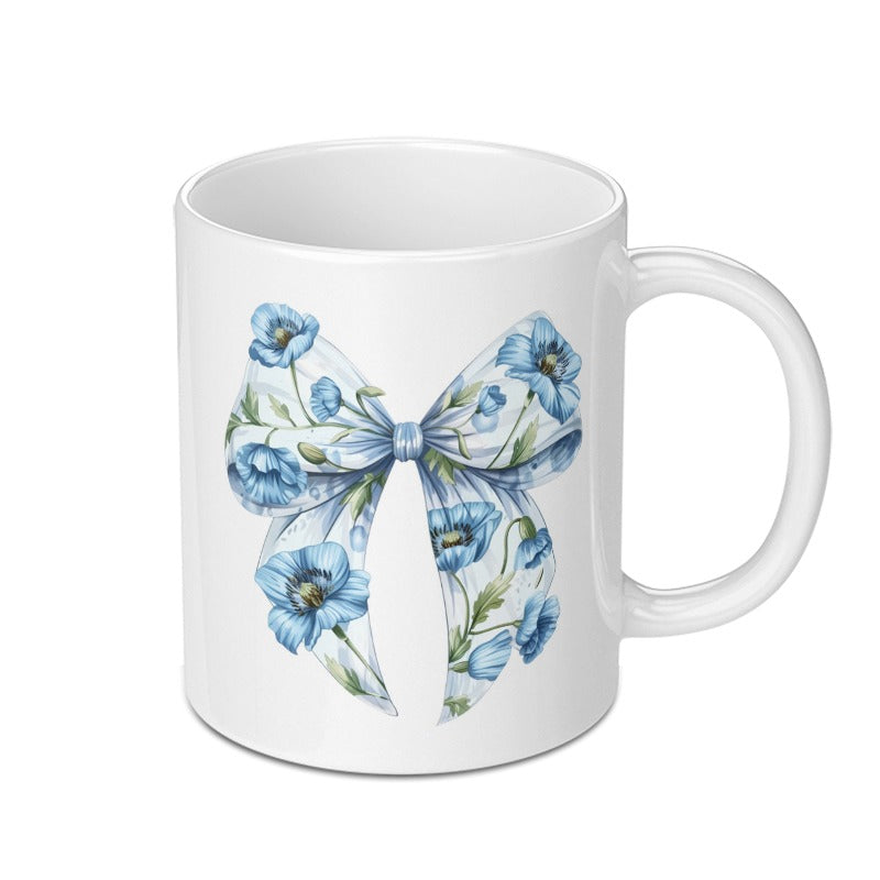 Floral Bow Mug, Blue Poppy Flower Mug, Watercolor Bow Coffee Cup, Elegant Flower Design Mug, Unique Gift Idea Mug, Aesthetic Floral Mug - Tawshia