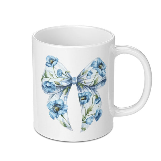 Floral Bow Mug, Blue Poppy Flower Mug, Watercolor Bow Coffee Cup, Elegant Flower Design Mug, Unique Gift Idea Mug, Aesthetic Floral Mug - Tawshia