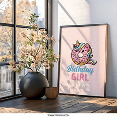 Birthday Girl Framed Wall Art, Unicorn Donut Print, Cute Nursery Decor, Girl Birthday Gift, Kids Room Art, Party Decoration, Sweet Treat Art - Tawshia
