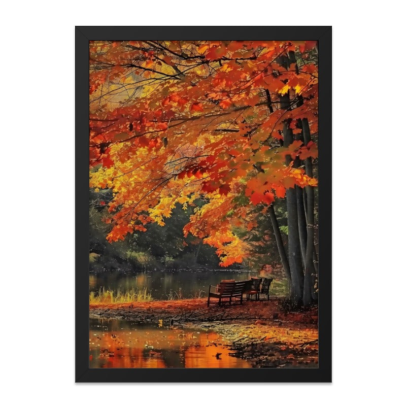 Autumn Wall Art, Fall Foliage Print, Scenic Landscape Decor, Autumnal Lake Scene, Bench by the Water, Vibrant Autumn Colors, Nature Art - Tawshia
