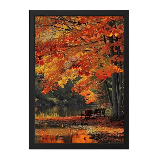 Autumn Wall Art, Fall Foliage Print, Scenic Landscape Decor, Autumnal Lake Scene, Bench by the Water, Vibrant Autumn Colors, Nature Art - Tawshia