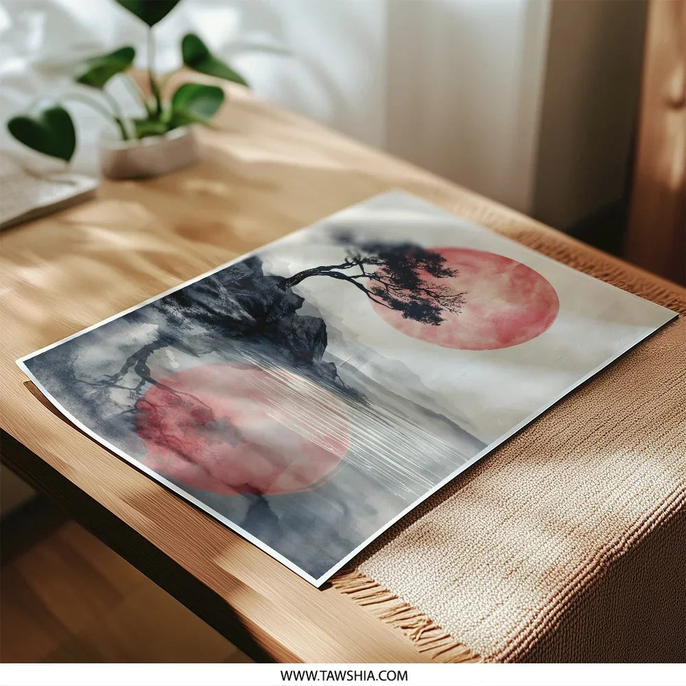 Japanese Landscape Photographic Print, Red Sun, Tree Art, Zen Wall Decor, Asian Art Print, Minimalist Photography, Nature Inspired Print - Tawshia