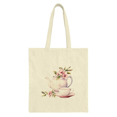 Tea Party Tote Bag, Floral Design, Vintage Teapot, Elegant Flowers, Classic Style, Everyday Bag, Gift Idea - Tawshia
