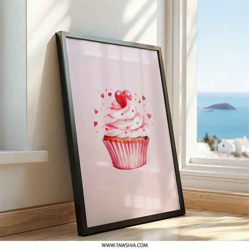 Cupcake Wall Art, Heart Topped Cupcake Print, Watercolor Cupcake Decor, Pink Cupcake Painting, Sweet Treat Wall Art, Foodie Gift Idea - Tawshia
