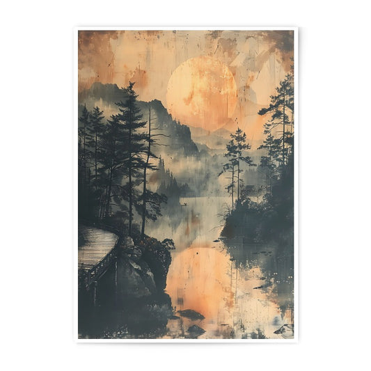 Moonlit Lake Photographic Print, Tranquil Landscape Art, Misty Forest Scenery, Nature Wall Decor, Peaceful Home Print - Tawshia