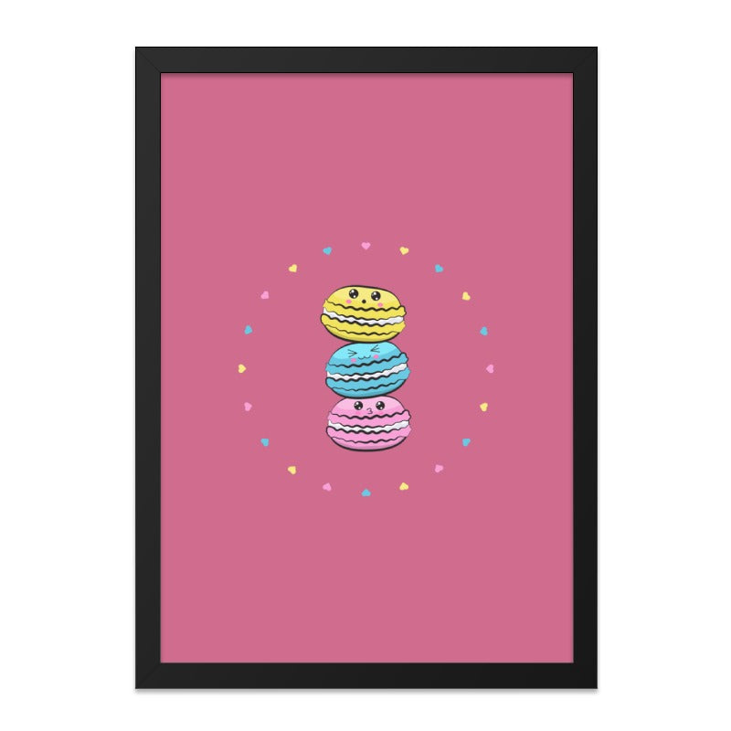 Macaron Wall Art, Kawaii Food Print, Cute Dessert Illustration, Pink Background, Colorful Pastry, Home Decor, Kitchen Art - Tawshia