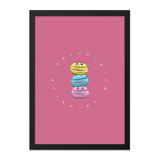 Macaron Wall Art, Kawaii Food Print, Cute Dessert Illustration, Pink Background, Colorful Pastry, Home Decor, Kitchen Art - Tawshia